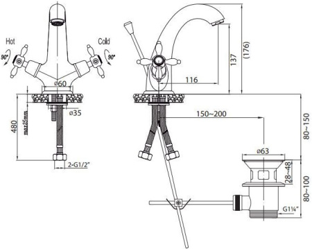 Смеситель для раковины Cezares Nostalgia NOSTALGIA-LS1-03/24 с донным клапаном