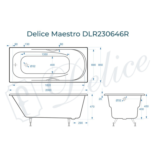 Ванна Ванна чугунная Delice Maestro 200х85 (в комплекте ванна с ручками хром и ножками, без слива-перелива)