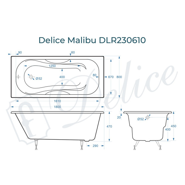 Ванна Ванна Delice Malibu 180х80 (в комплекте ванна с ножками и сливом-переливом)