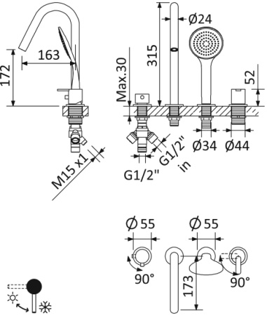 Смеситель для ванны CEZARES LEAF-BVDM4-L-NOP