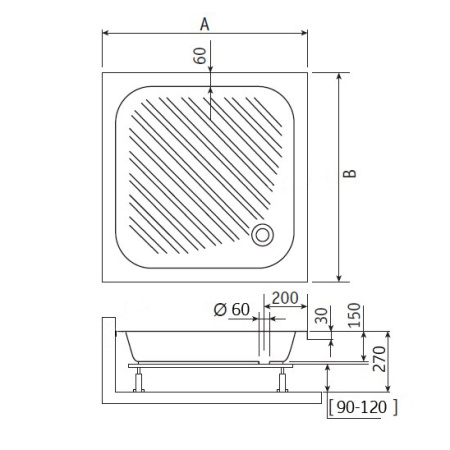 Поддон для душа RGW B/CL-S /Квадрат Ø60  (FW5-5) (открыт.)/80*80*15 h27 (сифон, экраны приобретаются отдельно)
