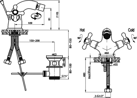 Смеситель для биде Cezares Retro RETRO-C-BS1-03 с донным клапаном