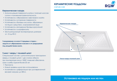 Поддон для душа RGW CR-128 /Прямоуг Ø60 Керамический/80*120*6 (сифон приобретается отдельно)