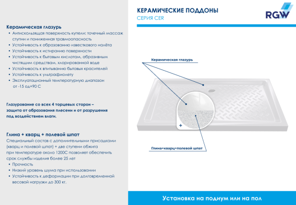 Поддон для душа RGW CR-128 /Прямоуг Ø60 Керамический/80*120*6 (сифон приобретается отдельно)