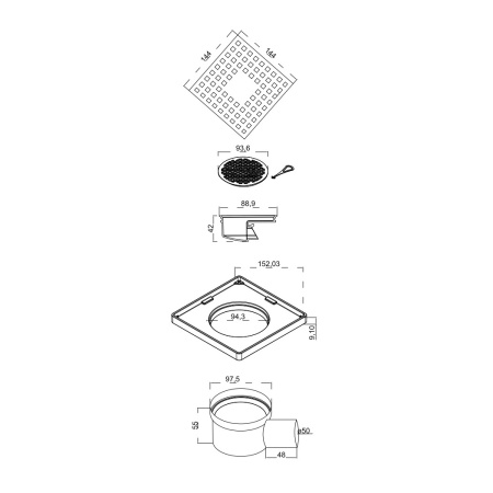 Трап для душа BERGES водосток напольный Trend 150x150 нержавеющая сталь, хром глянец, D50 боковой