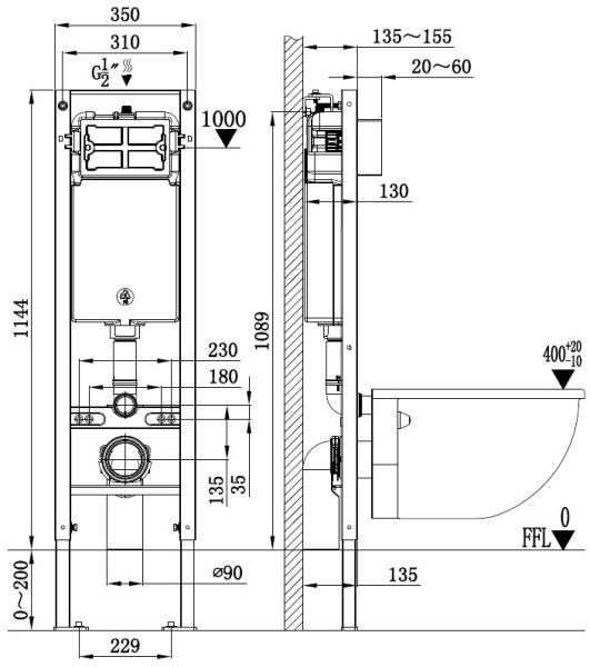 Инсталляция WELTWASSER WW AMBERG 350 WT 10000012282 кнопка белая/хром