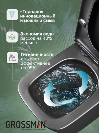 Унитаз Grossman GR-4404BMSQ (520х373х365) безободковый,черный матовый с тонкой крышкой,микролифт,смыв торнадо,1 место