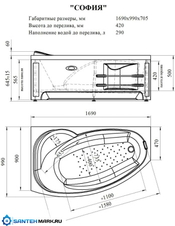 Акриловая ванна Радомир София 169х99 правосторонняя 2-01-0-2-1-223 белая