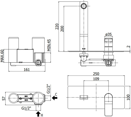 Смеситель Paffoni Tilt TI105BO (с внутренней частью)